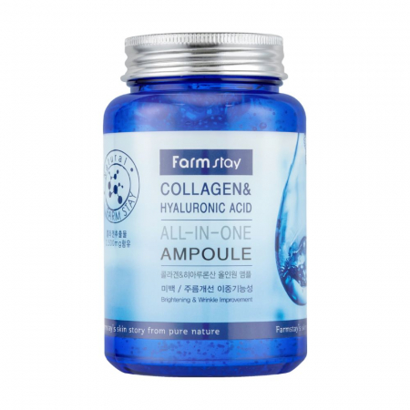 ANTIRID SI FERMITATE - Ser concentrat de fata antirid hidratant Farmstay Collagen & Hyaluronic Acid All-In-One Ampoule 250ml