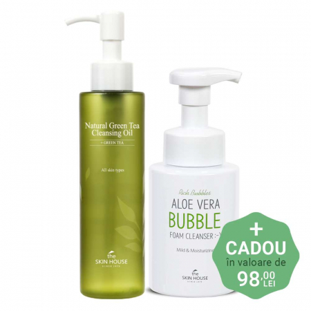 CURATARE FATA SI PEELING - Set pentru curatare fata in 2 pasi The Skin House Ulei Natural Green Tea si Spuma de curatare Aloe Vera